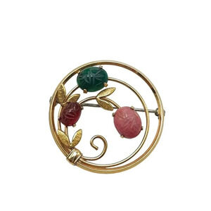 Krementz Texture Scarab Gemstones Circle Brooch Pin Gold Tone Vintage